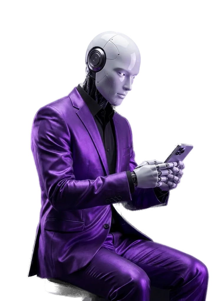 Asistente virtual con traje violeta atendiendo por WhatsApp para Ilundain & Asociados